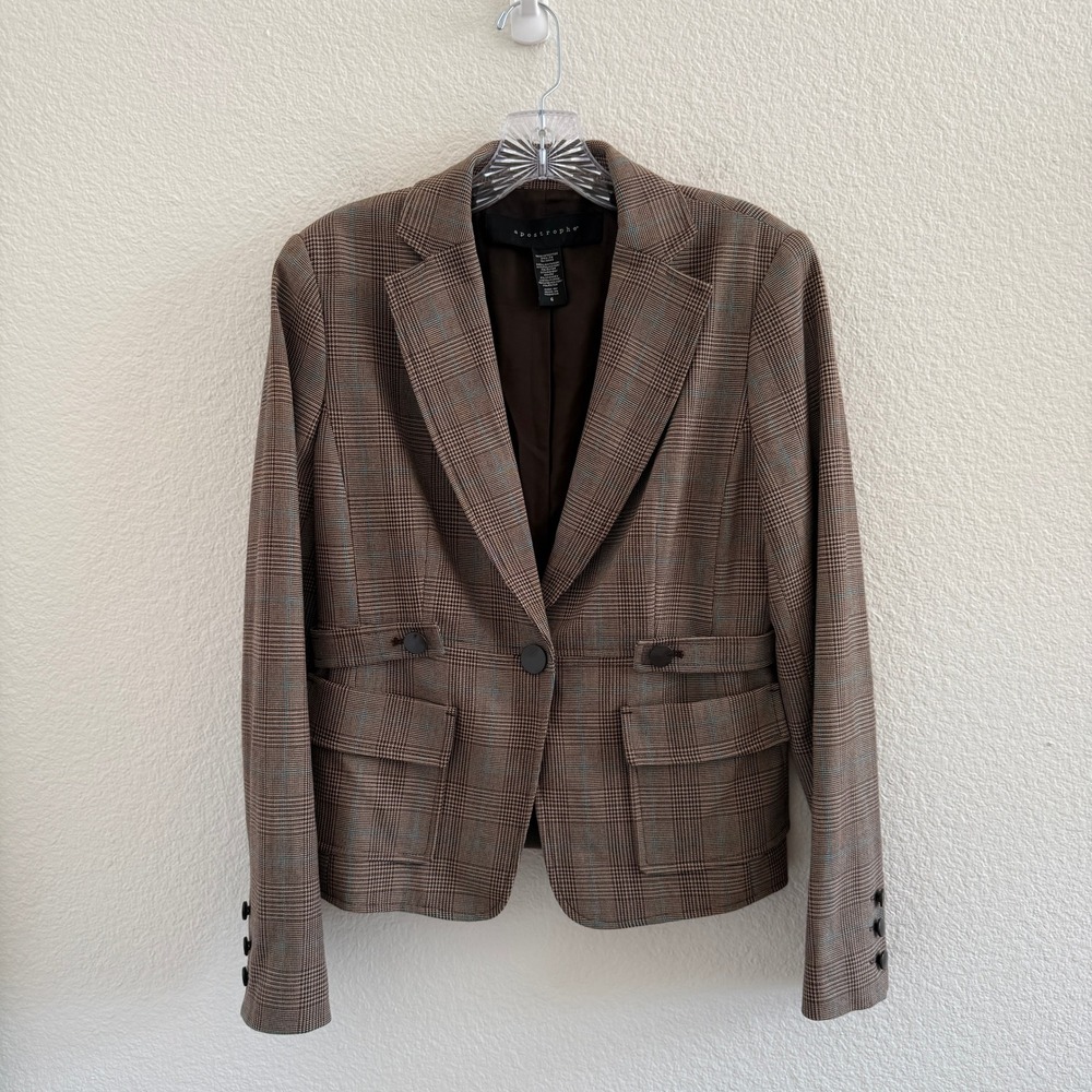 Vintage Y2K Apostrophe Brown and Blue Plaid Fitted Blazer Single Button Jacket